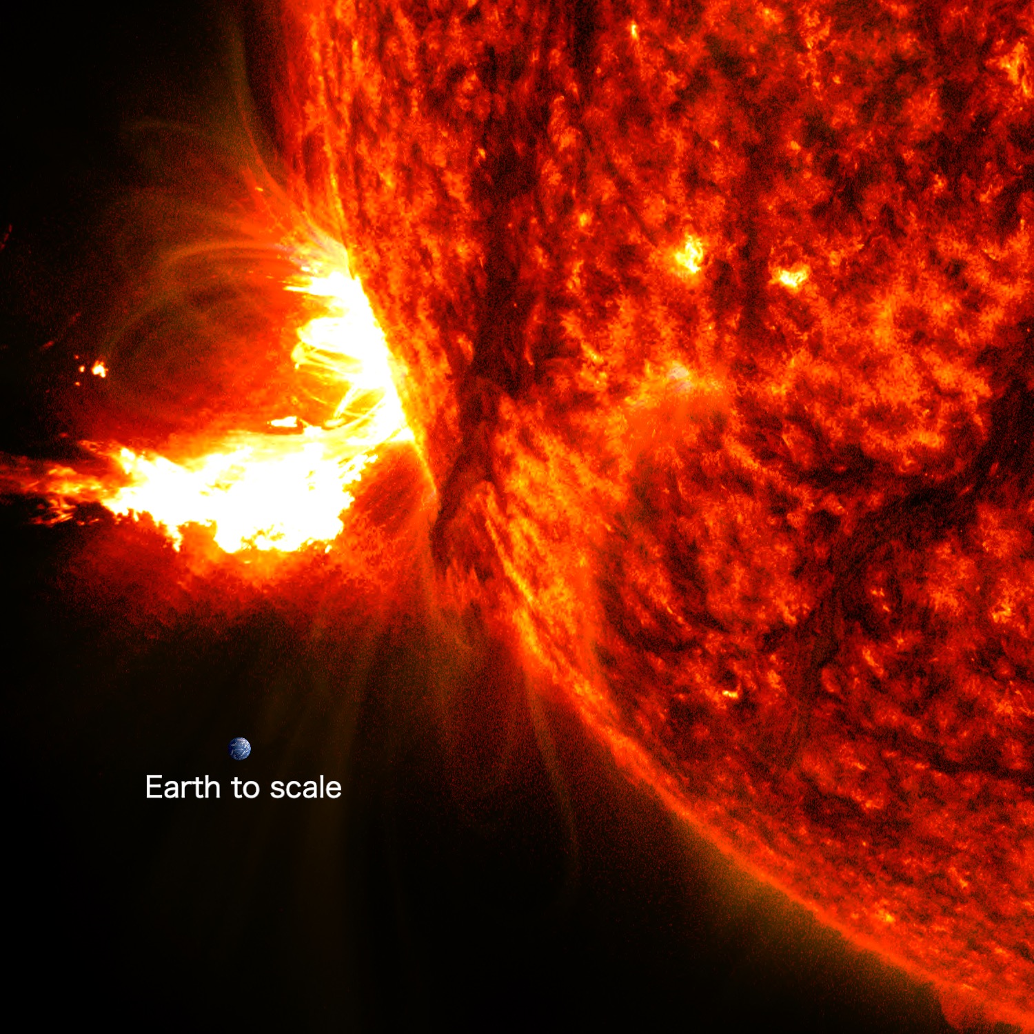 NASA’s Solar Dynamics Observatory captured this image of a solar flare seen as the bright flash on the limb of the Sun on May 27, 2024, with an inset image of Earth for scale. The image shows a blend of 171 and 304 angstrom extreme ultraviolet light that highlights the extremely hot material in flares and which is colorized in red and yellow. Credit: NASA/SDO