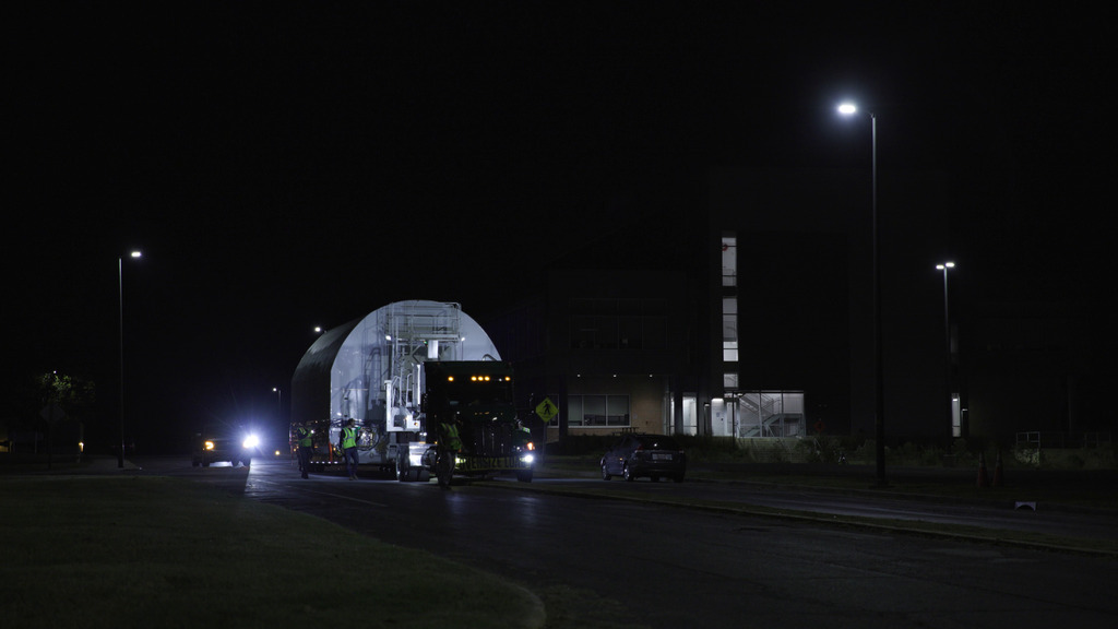 The Chariot carrying the mirror assembly arrives to Goddard Space Flight Center in the early morning hours.