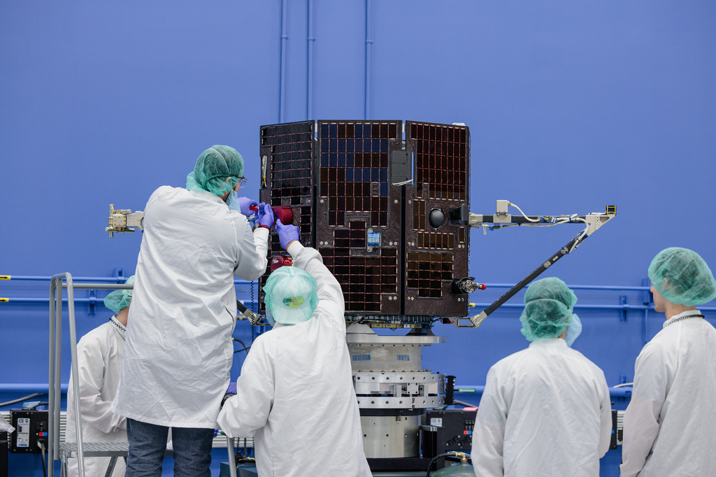 Photo: One of two TRACERS spacecraft is prepared for spin testing inside a clean room at Millennium Space Systems Small Satellite Factory in El Segundo, CA. Credit: Millennium Space Systems