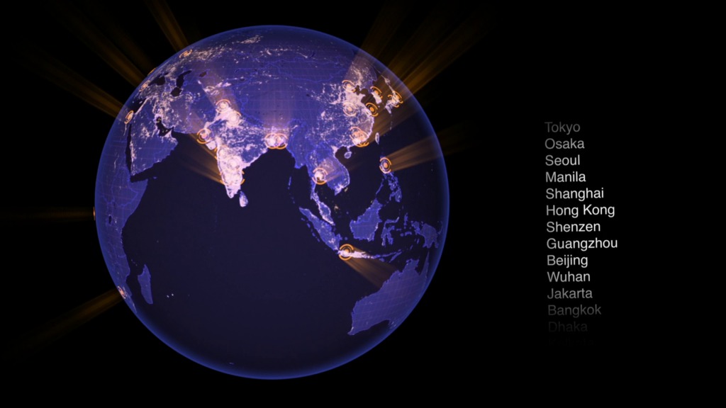 This animation shows a global map of fossil-fuel CO2 emissions and the world's largest cities.