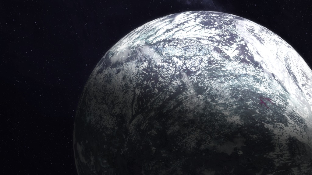 Animation imagining what an ice-covered exoplanet might look like.