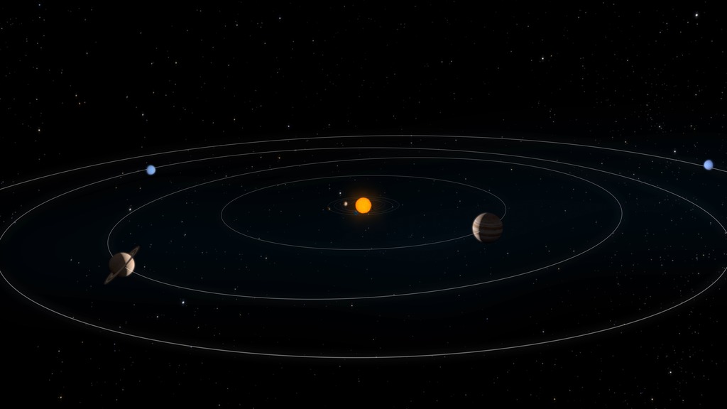 Animation of the solar system.  Not to scale.