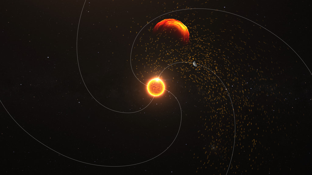 An intense solar eruptive event has many parts.  This animation starts with a solar flare, which sends light and energy in straight paths, traveling at the speed of light.  A coronal mass ejection, or CME, appears next – this is a giant cloud of solar particles that also expands in a straight direction with speeds up to two thousand miles an hour. The eruption also generates solar energetic particles, with speeds nearly reaching the speed of light, following the spiral shape of the solar wind’s magnetic fields  into interplanetary space. 