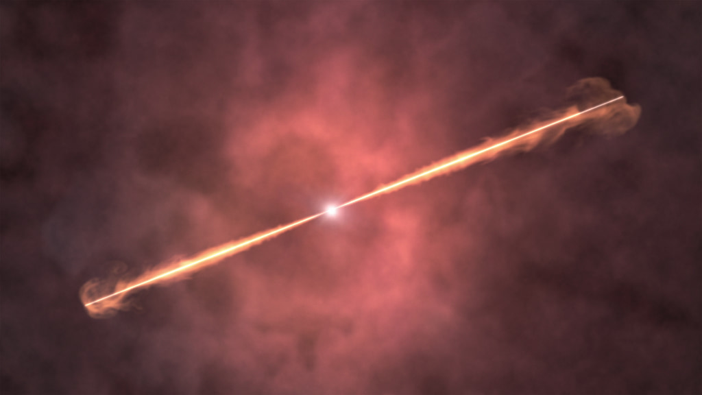 Distant shot revealing both particle jets interacting with circumstellar dust and gas.Credit: NASA's Goddard Space Flight Center Conceptual Image Lab