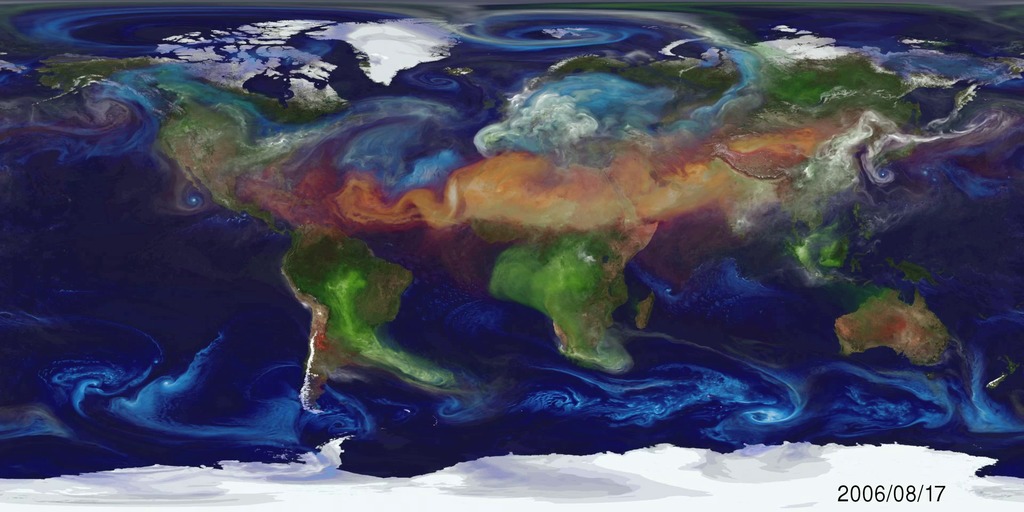 A 10-kilometer-resolution simulation run on the NASA Center for Climate Simulation's Discover supercomputer captured how winds lift up aerosols from the Earth's surface and transport them around the globe. Depicted aerosols are dust (red), sea salt (blue), black and organic carbon (green), and sulfate (white).