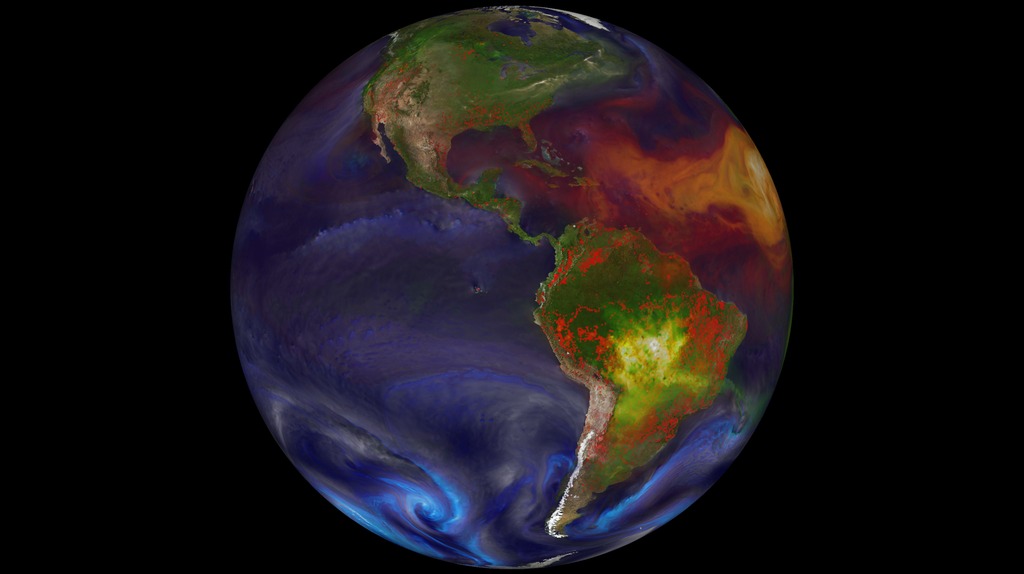This projection of the aerosols simulation onto a rotating globe tracks wildfires and human-initiated burning (red-yellow dots) as detected by NASA's MODIS instrument aboard the Terra and Aqua satellites.