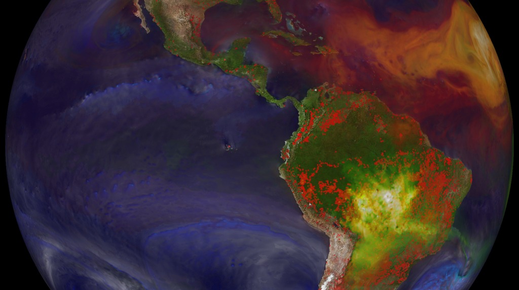 A zoomed in version of aerosols and fires on a rotating globe.