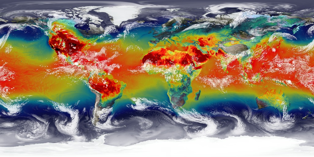 Surface temperature (colors 270-310 Kelvin) and outgoing longwave radiation at the top of the atmosphere (white) representative of clouds in the model.