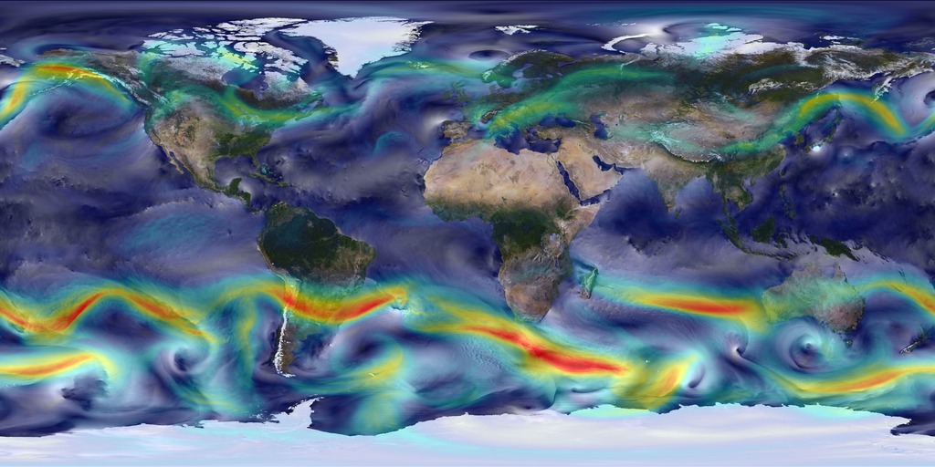 Surface winds (white 0-40 meters/second) and upper-level (250 hPa) winds (colors 0-175 meters/second; red=faster).