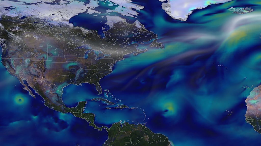 Surface wind speeds range from blue (10 miles per hour) to purple (80 miles per hour).
