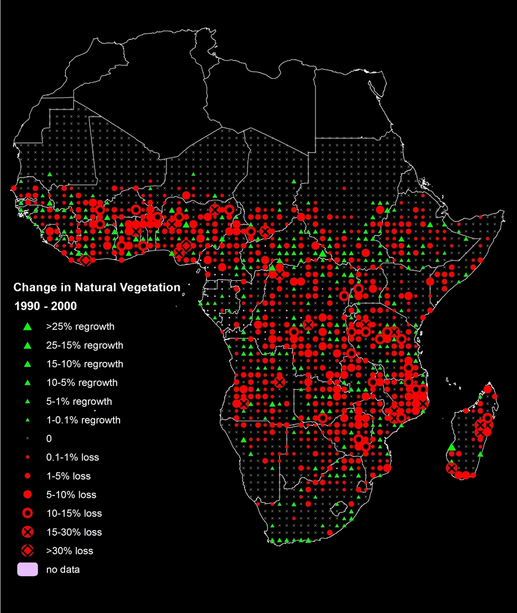Change in natural vegetation in Africa between 1990 and 2000.