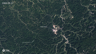 These images illustrate the growth of the Hobet mine in Boone County, WV as it moves from ridge to ridge between 1984 and 2015. The natural forested landscape appears dark green, creased by steams and indented by hollows. Active mining areas, however, appear off-white and areas being reclaimed with vegetation appear light green. The law requires coal operators to restore the land to its approximate original shape, but the rock debris generally can’t be securely piled as high or graded as steeply as the original mountaintop. There is always too much rock left over, and coal companies dispose of it by building valley fills in hollows, gullies, and streams. While the image from 2015 shows apparent green-up of restored lands, it also shows expanded operations in the west. The resulting impacts to stream biodiversity, forest health, and ground-water quality are high, and may be irreversible.