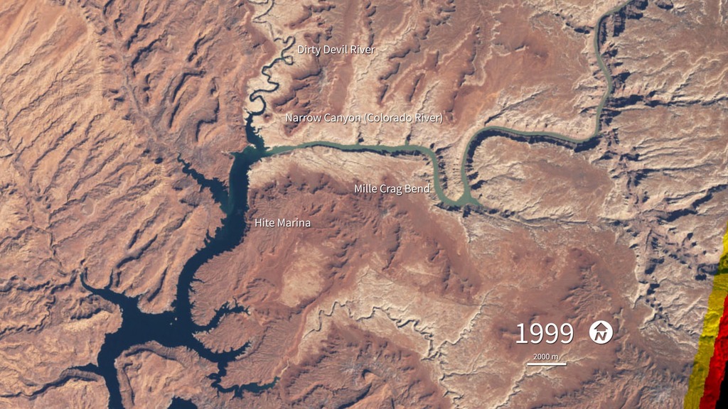 Landsat images show Lake Powell's water levels drop between 1999 and 2017.