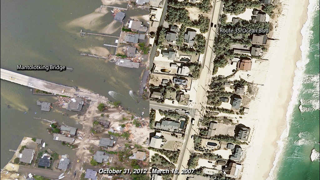 Aerial photo shows Mantolokig, NJ before and after Hurricane Sandy.