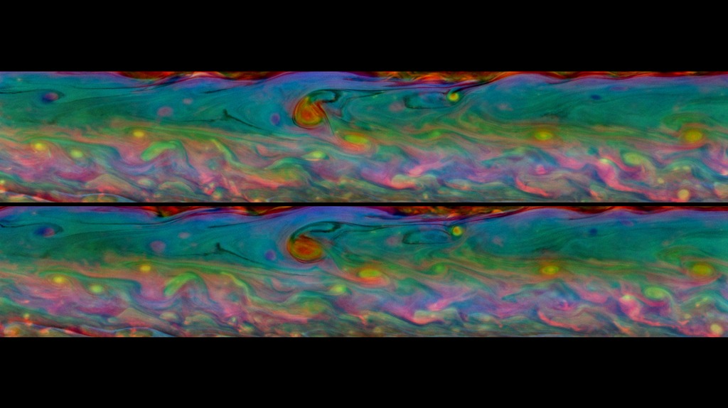 Two false-color images of a storm on Saturn show changes over 11 hours.