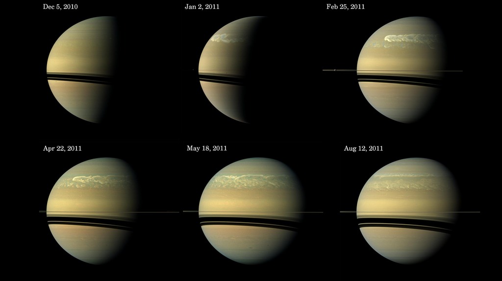 Six images of a storm on Saturn.