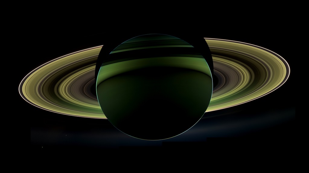 A backlit view of Saturn