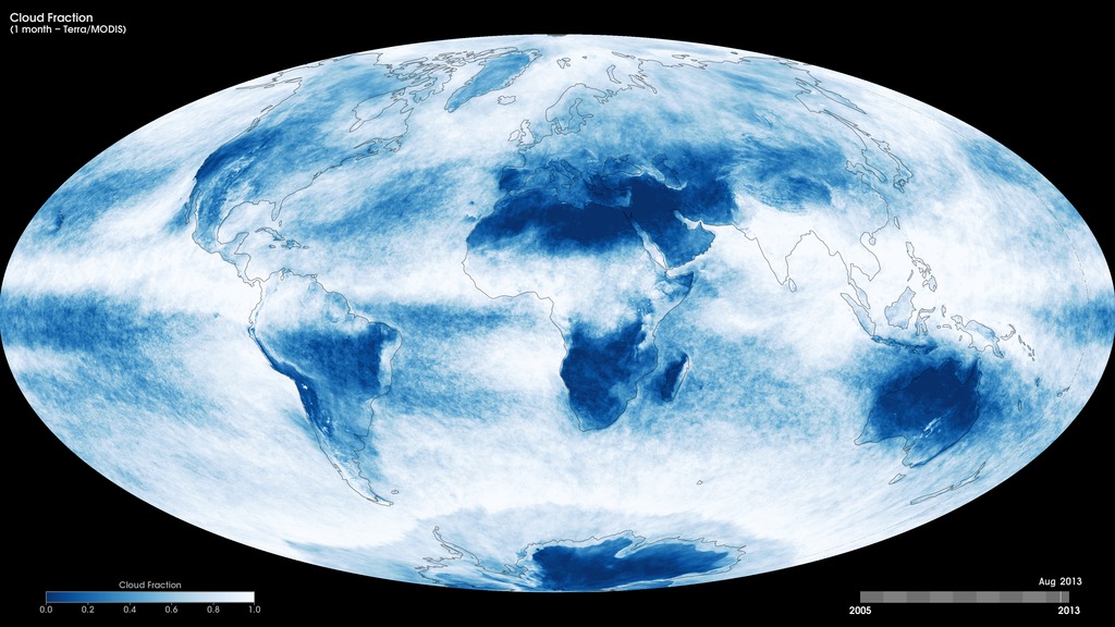 Monthly Terra/MODIS cloud fraction, January 2005 to the present.