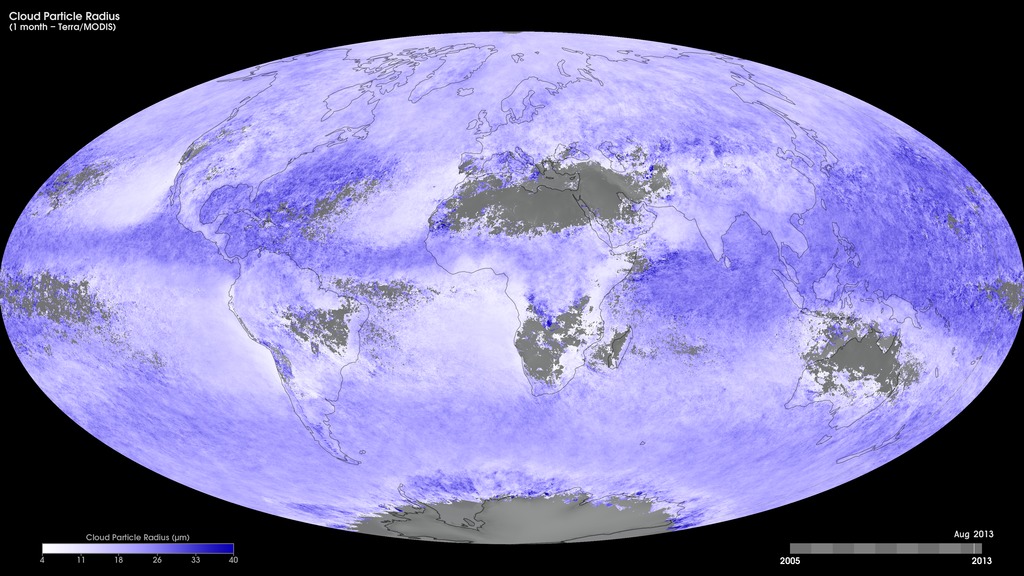 Monthly Terra/MODIS cloud particle radius, January 2005 to the present.