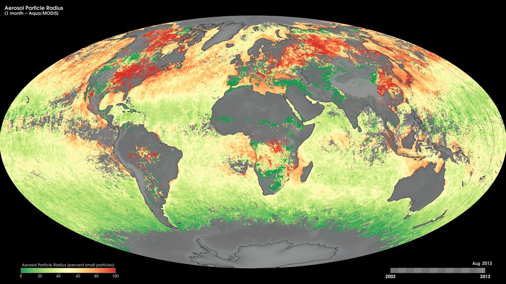 Monthly Aqua/MODIS aerosol particle radius, July 2002 to the present.