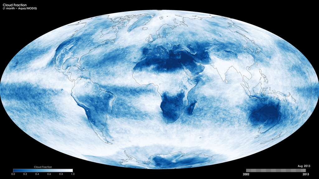 Monthly Aqua/MODIS cloud fraction, July 2002 to the present.