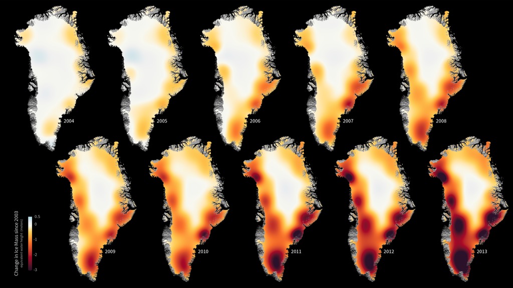 GRACE image show changes in Greenland ice mass, 2003-2013.