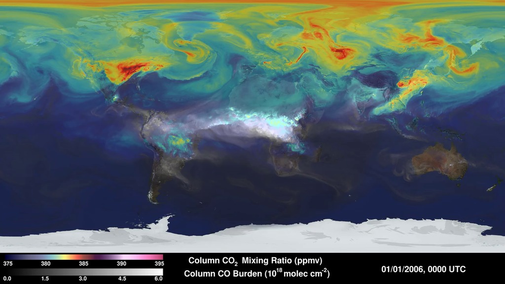GEOS-5 simulated average column concentrations of CO2 and CO for one year.