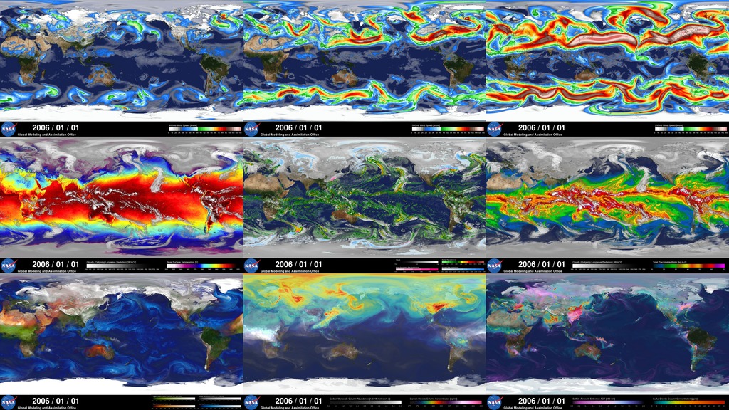 Animation of 9 images showing outputs from the GEOS-5 model, mp4 is first 10 days of vis, which runs from Jan1-Dec31, 2006