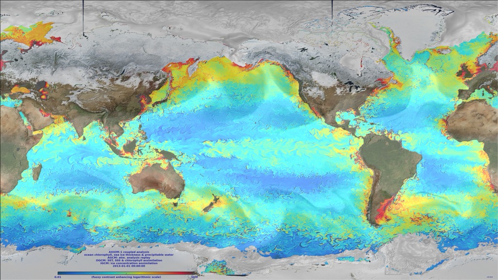 This animation shows ocean surface chlorophyll concentration, sea ice thickness, and atmospheric precipitable water.