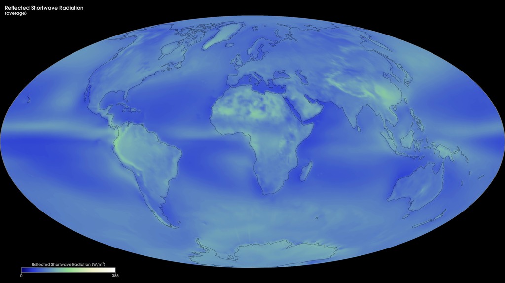 Total reflected shortwave radiation averaged over the years 2000-2015. The colors in this image show the amount of shortwave energy (in Watts per square meter) that was reflected by the Earth system. The brighter, whiter regions show where more sunlight is reflected, while green regions show intermediate values, and blue regions are lower values.