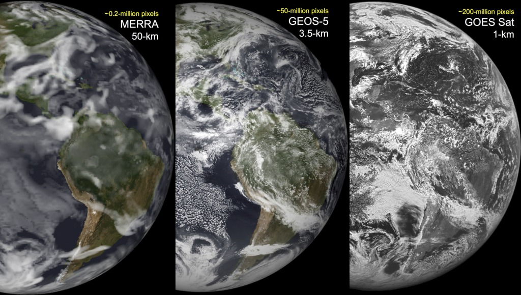 This image shows the different resolutions for MERRA, GEOS-5 and the GOES satellite.