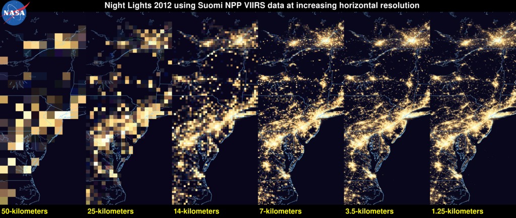 This image shows the effect of changing the 2012 Suomi NPP/VIIRS data resolution on the NASA Night Lights 2012 image.