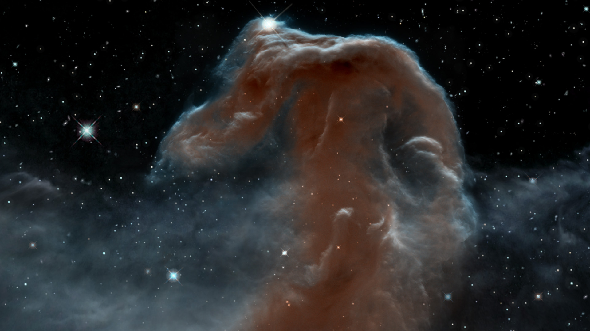 A visualization of the gaseous landscape of the Horsehead Nebula as seen in infrared light