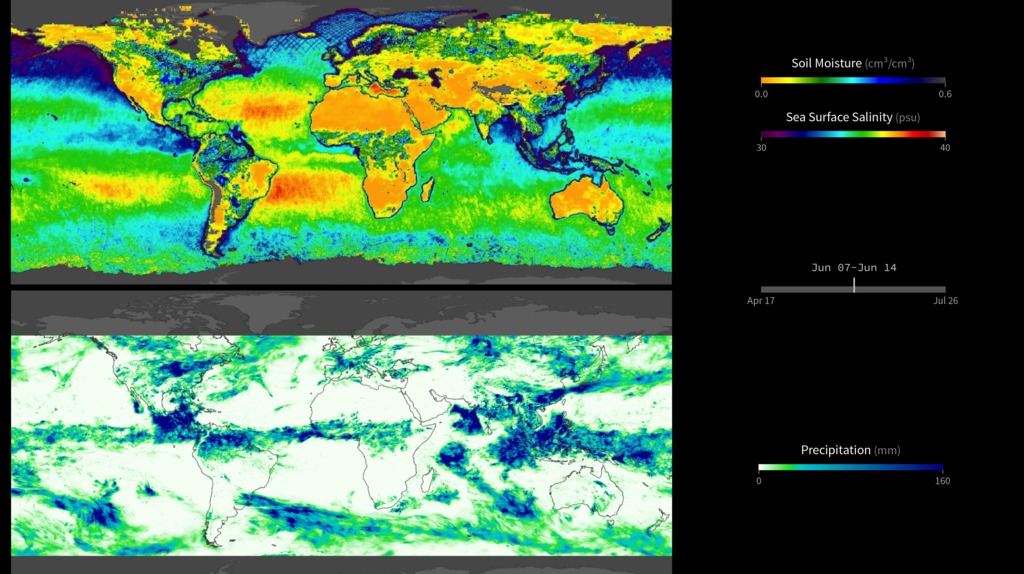 Soil Moisture and Ocean Salinity are compared to Rainfall