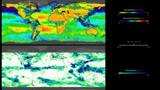 This visualization compares weekly soil moisture and sea surface salinity data (over land and water, respectively) from NASA’s Soil Moisture Active Passive Satellite (SMAP) mission [top map] with a precipitation product called Integrated Multi-satellite Retrievals for GPM, or IMERG [bottom map], from April 17 to August 2, 2015. IMERG is derived using data from the Global Precipitation Measurement (GPM) international constellation of satellites. These maps reveal how precipitation amounts influence soil moisture conditions and sea surface salinity. For example, high amounts of precipitation along the equator coincide with relatively moist soil conditions on land (blue shades) and low salinity values in the ocean (green and blue shades). Conversely, areas that receive little or no precipitation, such as the Sahara Desert in northern Africa, coincide with dry soils (dark yellow shades). Scientists can use data from SMAP and IMERG to develop improved flood prediction and drought monitoring capabilities. Societal benefits include improved water-resource management, agricultural productivity, and wildfire and landslide predictions. Data from SMAP also allow us to extend the data record of the highly successful 3-year Aquarius sea surface salinity mission into the future.