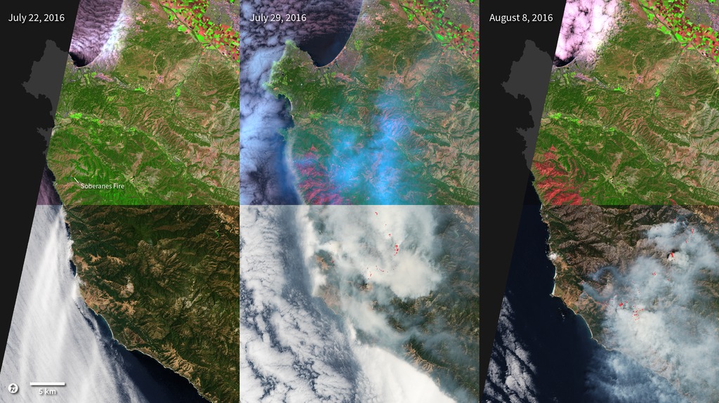 An animation compares Infrared band and true color images from Landsat-8 to reveal details of the Soberanes fire
