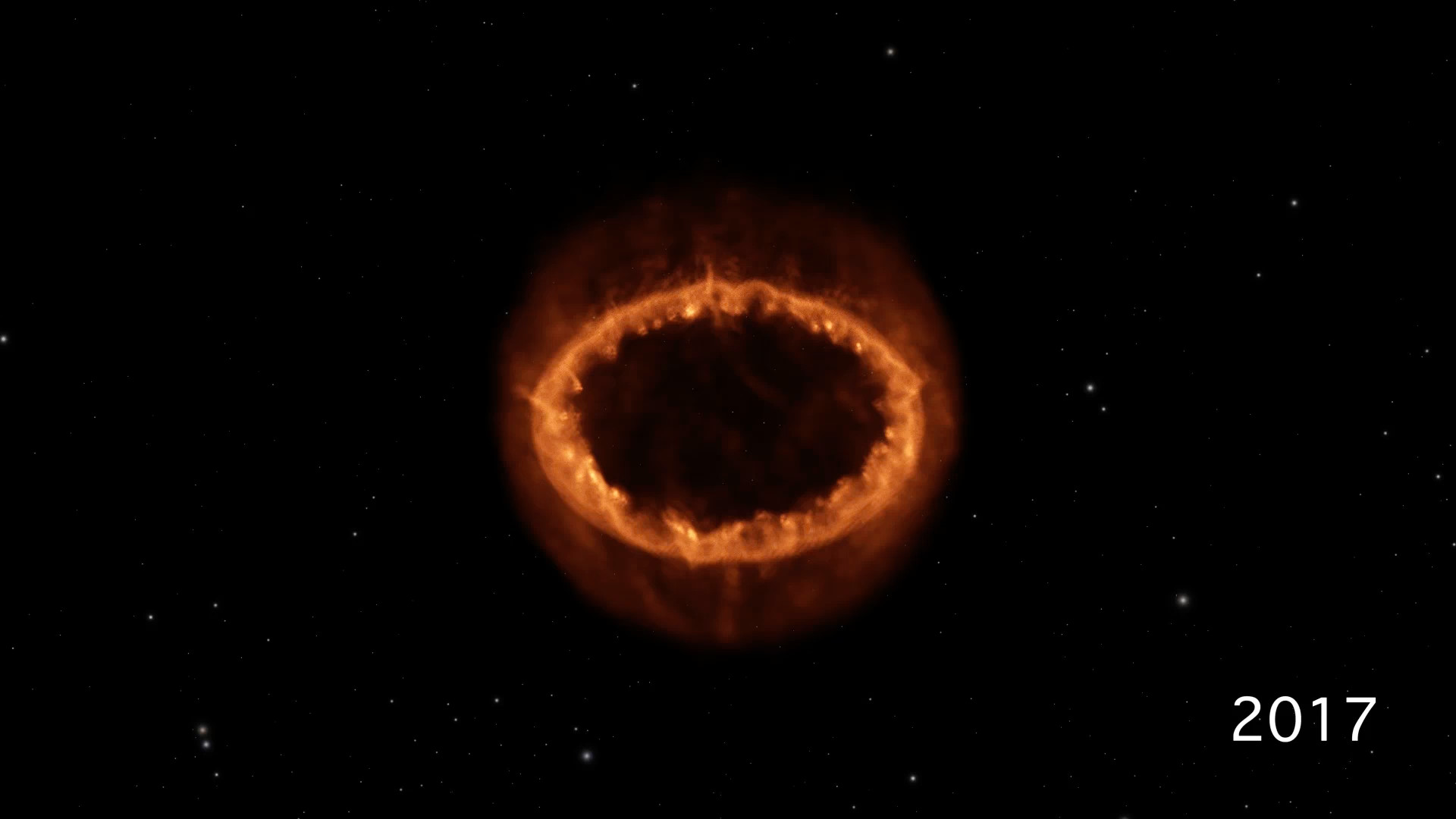 This scientific visualization shows the development of Supernova 1987A, from the initial explosion observed three decades ago to the luminous ring of material we see today.