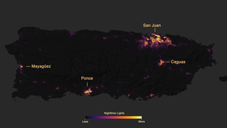 After Hurricane Maria tore across Puerto Rico, it quickly became clear that the destruction would pose daunting challenges for first responders. Most of the electric power grid and telecommunications network was knocked offline. Flooding, downed trees, and toppled power lines made many roads impassable. 

These before-and-after images of Puerto Rico’s nighttime lights are based on data captured by the Suomi NPP satellite. The data were acquired by the Visible Infrared Imaging Radiometer Suite (VIIRS) “day-night band,” which detects light in a range of wavelengths from green to near-infrared, including reflected moonlight, light from fires and oil wells, lightning, and emissions from cities or other human activity. 

One pair of images shows differences in lighting across the entire island, while the other pair shows lighting around San Juan, capital of the commonwealth. One image in each pair shows a typical night before Maria made landfall, based upon cloud-free and low moonlight conditions; the second image is a composite that shows light detected by VIIRS on the nights of September 27 and 28, 2017. By compositing two nights, the image has fewer clouds blocking the view. (Note: some clouds still blocked light emissions during the two nights, especially across southeastern and western Puerto Rico.) The images show widespread outages around San Juan, including key hospital and transportation infrastructure.