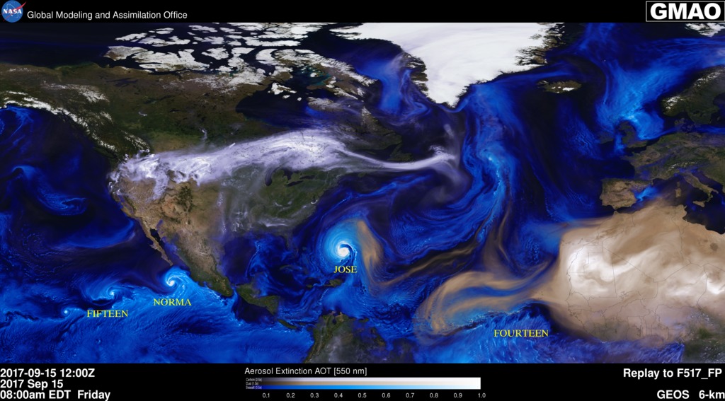 This animation shows the effects of hurricanes on dust, smoke, and sea salt.