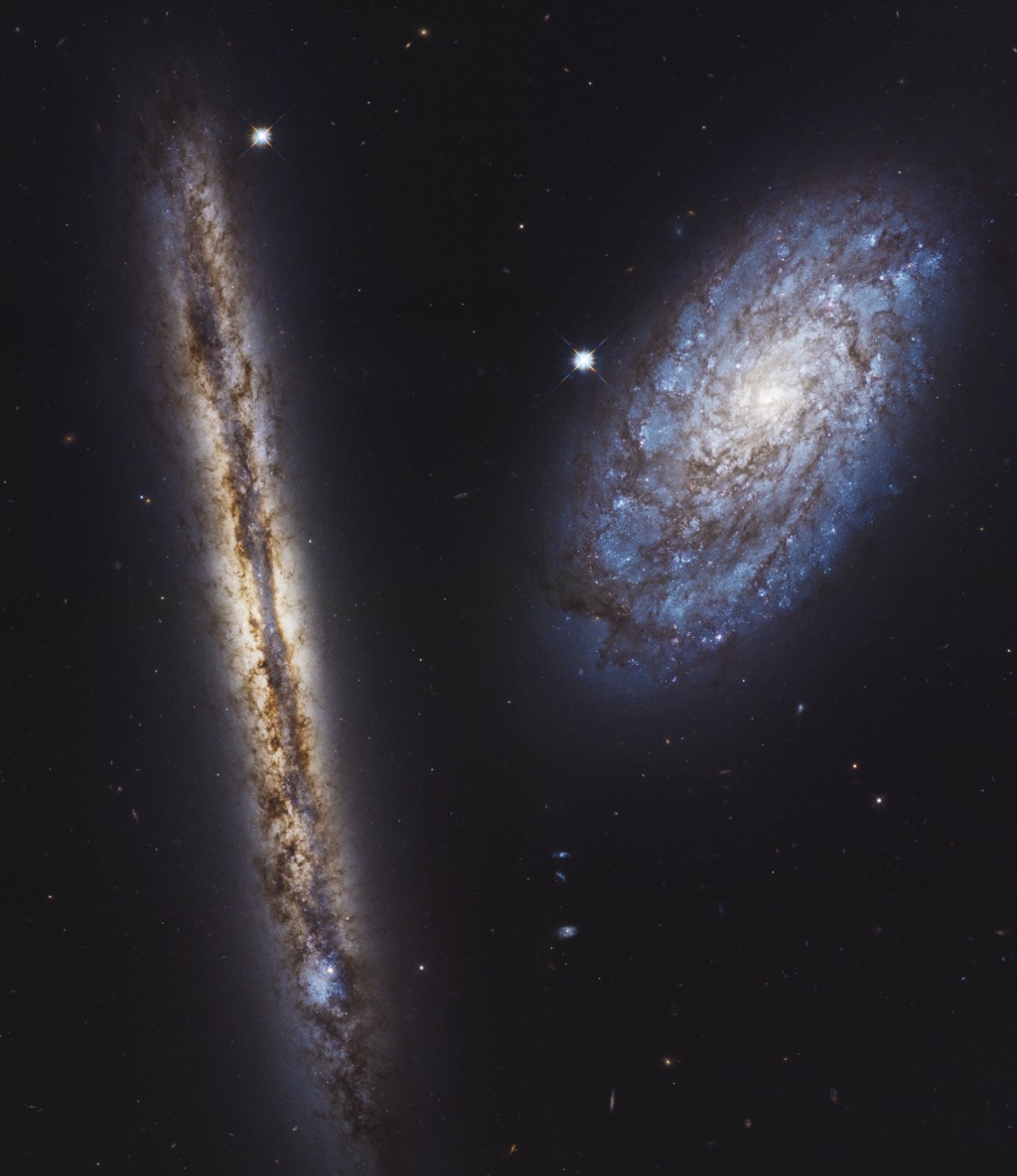 Spiral galaxies NGC 4302 and NGC 498 are similar in shape, but appear different due to their different observed orientations.
