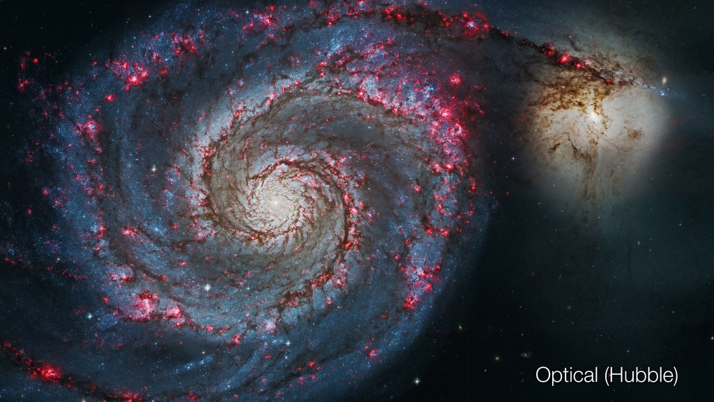 This animation contrasts the visible-light (Hubble Space Telescope) and X-ray (Chandra X-ray Observatory) images of Messier 51, the majestic Whirlpool galaxy.