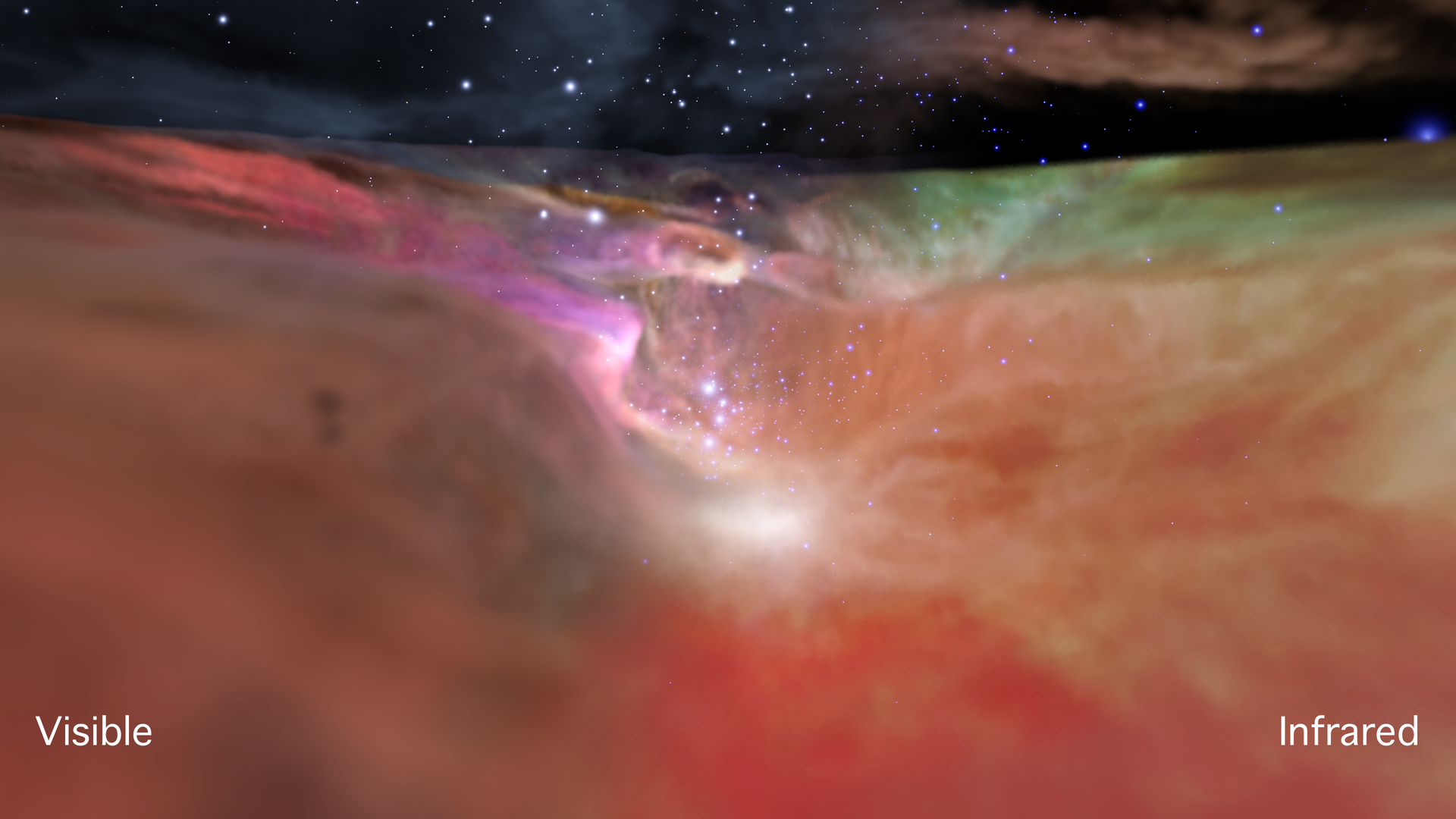 This visualization zooms into the Orion Nebula and then flies through a 3D model using both visible light (Hubble Space Telescope) and infrared light (Spitzer Space Telescope) views.