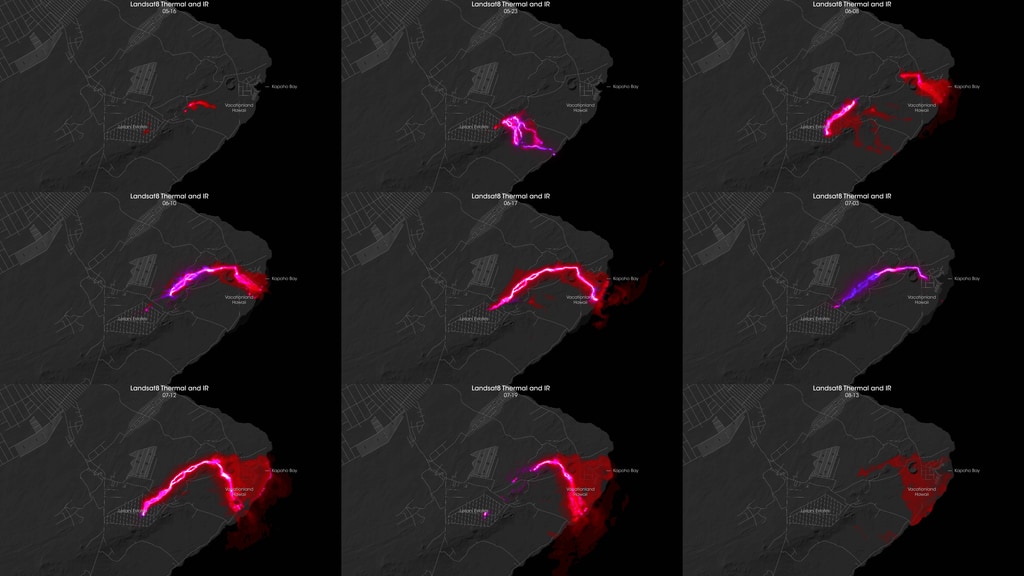 A series of Landsat-8 images show the East Rift Zone eruption at night