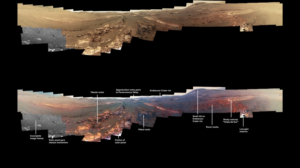 Annotations:Incomplete image frames appear black and white. Color images taken with the rover's Pancam are taken one color at a time requiring three images of the same subject to create full color. Opportunity did not have the time to photograph those locations using the green and blue filters before a severe Mars-wide dust storm swept in on June 2018.The solar panel pyro-release mechanism is located at the hinge of the rover's solar panels. The solar arrays are folded for launch, cruise and landing on Mars. After the rover is safely on the surface, pyro-release mechanisms are fired to release the solar panels to their fixed deployment configuration.The tabular rock outcrop was the last surface feature Opportunity analyzed on June 3, 2018, (Sol 5,014) during its mission of exploration. The rover team was wrapping up investigations of these rocks when the dust storm hit.A portion of Opportunity's solar array can be seen here. The rover's solar arrays consist of high-efficiency triple-junction solar cells. The extended "wings" of the deployed solar arrays are often visible in images, especially ones that image the ground near the rover.Opportunity's entry point to Perseverance Valley. The rover first arrived at the valley rim on May 20, 2017, or Sol 4,736.Three pitted rock targets ("Tomé," "Nazas" and "Allende") were investigated by Opportunity in late April and early May 2018. The pitted rocks had textures and compositions that were unique from anything the science team had seen during the mission.Endeavour Crater's rim is 250 feet (76 meters) distant.This small hill on Endeavour Crater rim is 210 feet (64 meters) distant.Rover wheel tracks appear as a reddish-brown color with linear tread marks.Rocky outcrop "Ysleta del Sur," which is 23 feet (7 meters) distant, was investigated by Opportunity from March 3 through 29, 2018, or sols 5,015 through 5,038.The low-gain antenna, whose upper portion is visible here, would send and receive information in every direction, meaning it was "omni-directional." The antenna was designed to transmit and receive radio waves at a low rate to the Deep Space Network antennas on Earth.