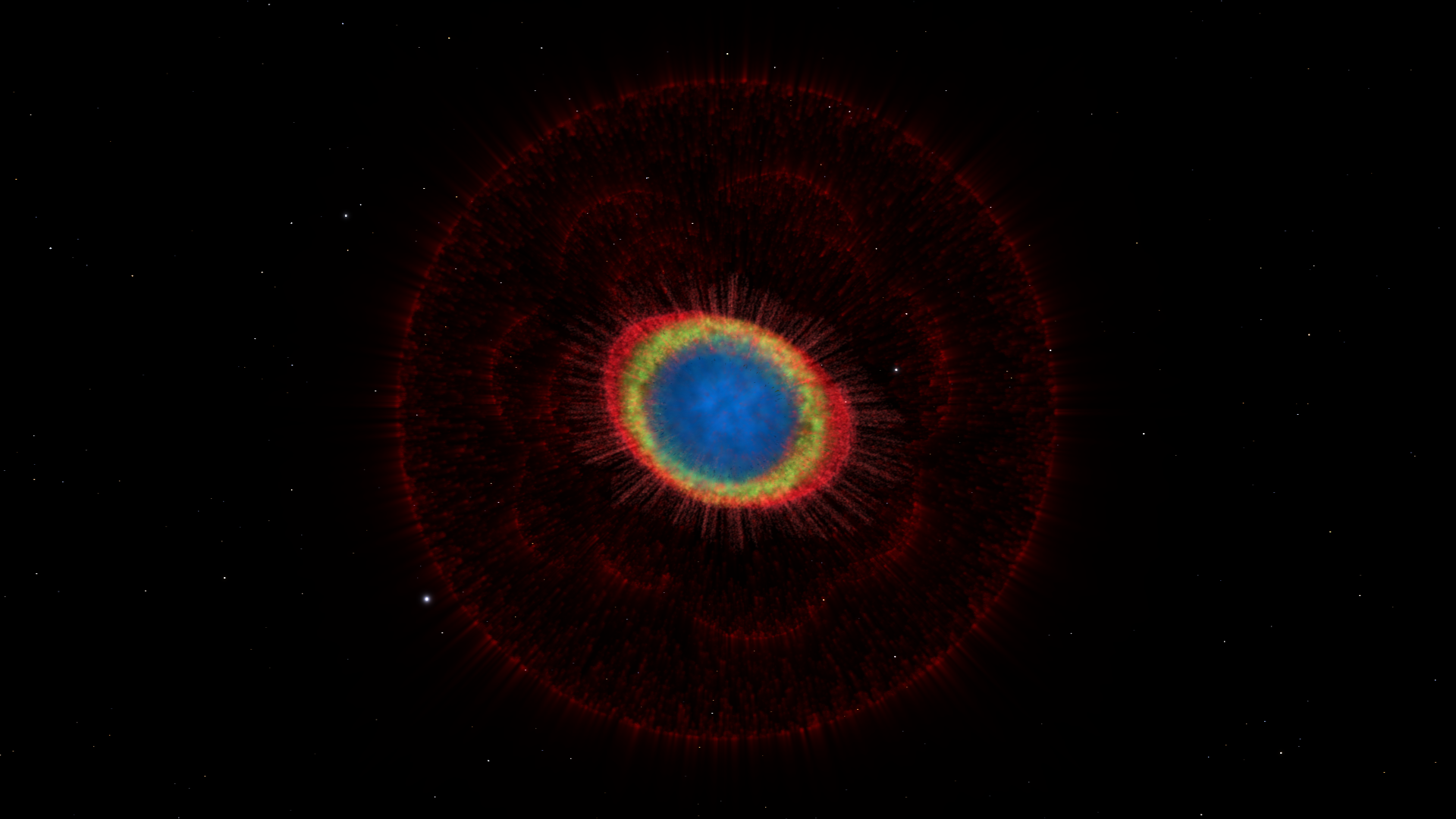 A visualization of the 3D structure of the Ring Nebula based on visible light observations from the Hubble Space Telescope and infrared observations from the Large Binocular Telescope.