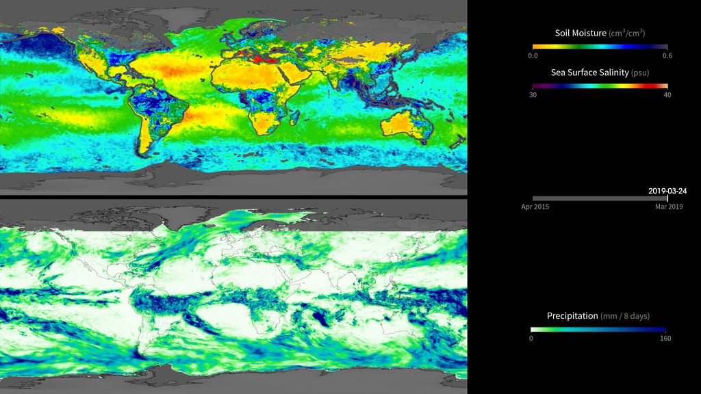 Global maps shown the relationship between precipitation, soil moisture, and salinity.