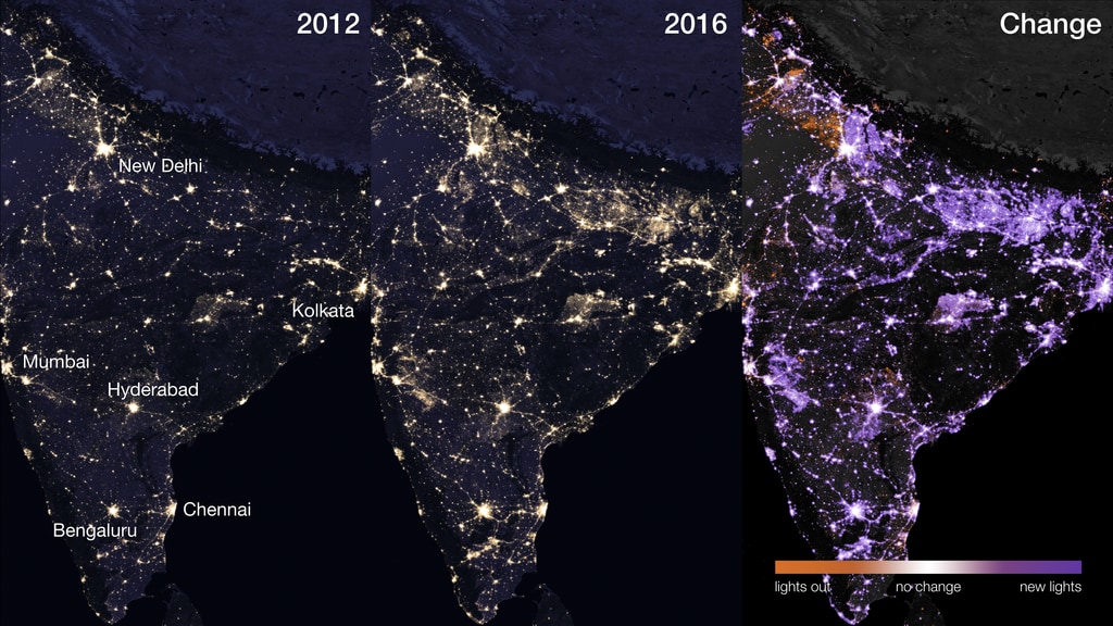 NASA’s Black Marble products are also being used by scientists and decision-makers to monitor gradual changes driven by urbanization, out-migration, economic changes, and electrification. These images show the rapid electrification of India’s rural settlements in recent years. Huge swaths of northern India, relatively dark in 2012 night shots, are lit up in NASA’s Black Marble imagery from 2016.