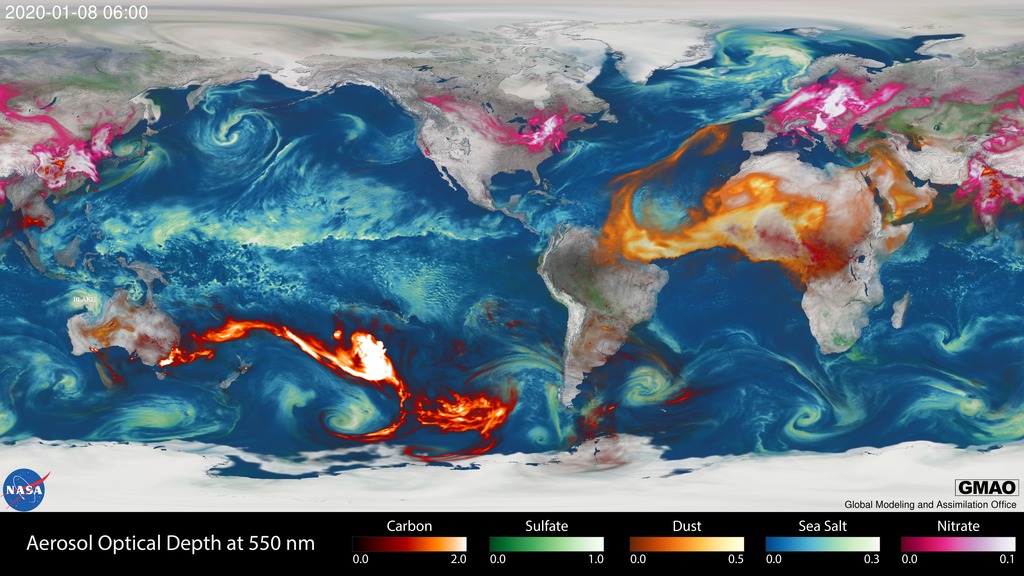 Animation of global aerosols from August 1, 2019 to January 29, 2020