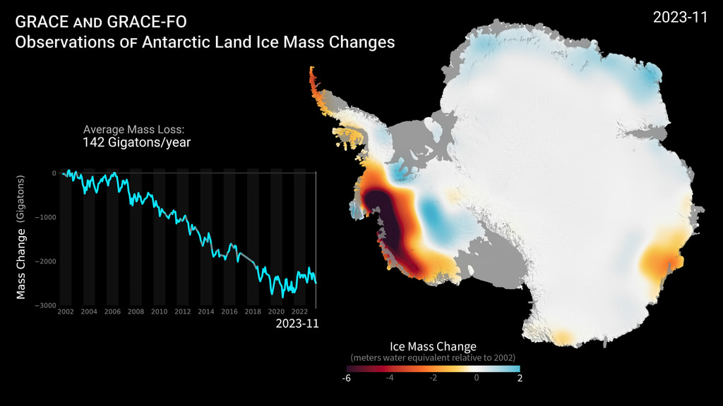 Animation showing Antarctic icesheet mass losses between 2002 and 2023.