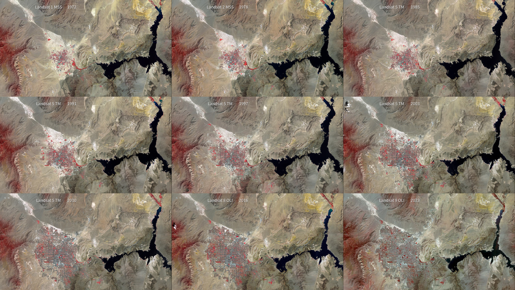 Mosaic of 9 years from 1972-2023 of the Las Vegas and Lake Mead Landsat time series
